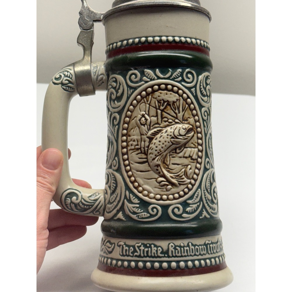 Vintage Style Hunting Fishing Ceramic Beer Stein Rainbow Trout English Setter